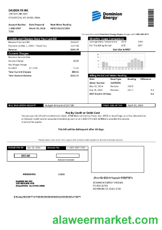 USA Dominion Energy business utility bill template in Word and PDF formats